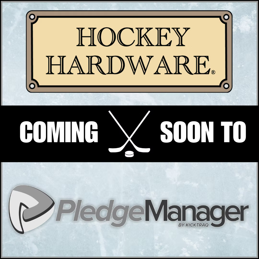 An image indicating that Hockey Hardware is coming soon to PledgeManager, and includes both the Hockey Hardware logo and the PledgeManager by Kicktraq logo.