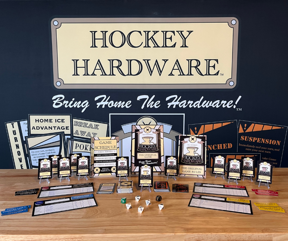 Hockey hardware display with various items on a wooden table, featuring the 'Hockey Hardware' brand.