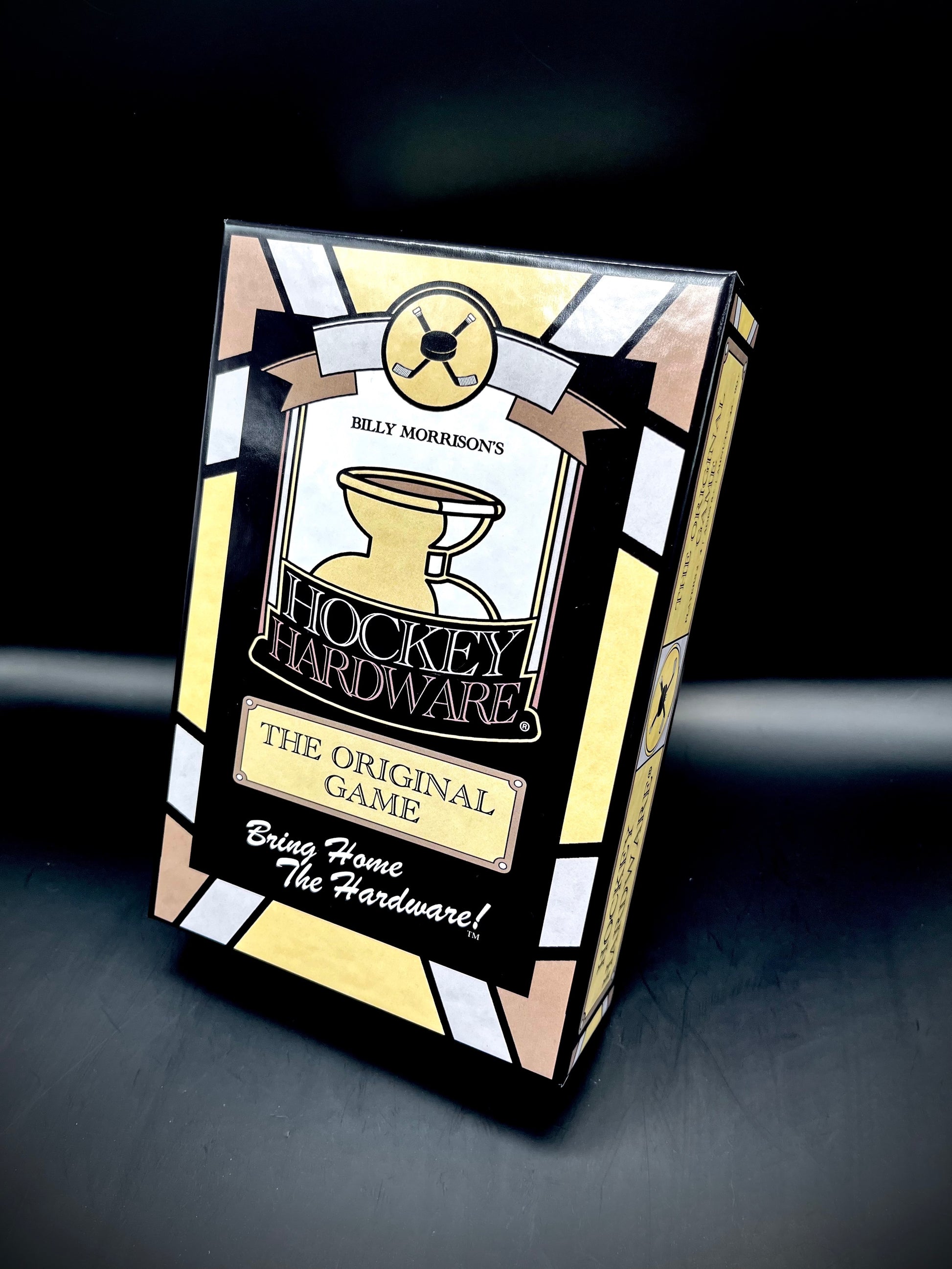 The front side of the Hockey Hardware game box, which is standing upwards on display.