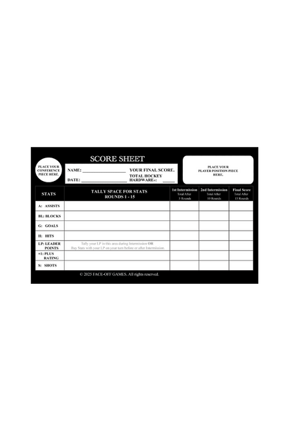 A Hockey Hardware Score Sheet Notepad displaying a single sheet of paper with a table structure for scoring, against a white background. This Score Sheet Notepad plays with Hockey Hardware: The Original Game.