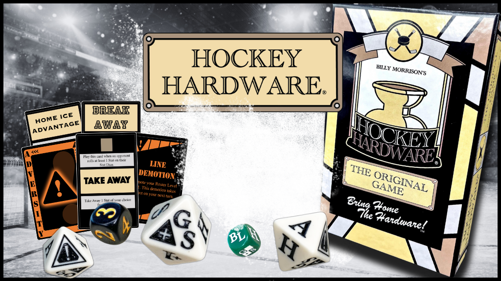Hockey Hardware game packaging with dice and game cards on a snowy background in a hockey arena setting.