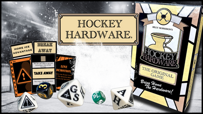 Hockey Hardware game packaging with dice and game cards on a snowy background in a hockey arena setting.